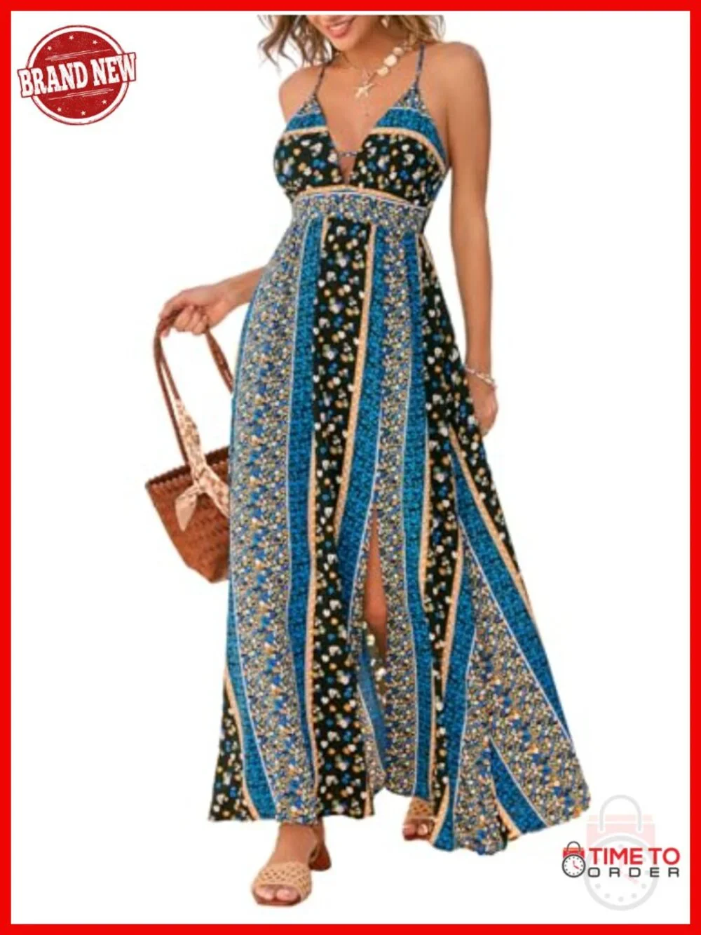 Floral Boho Backless Criss Cross Spaghetti Strap Vacation Maxi Dress